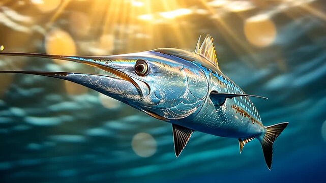A blue marlin glides through the deep blue ocean, highlighting its spectacular color and streamlined form beneath the sunlight