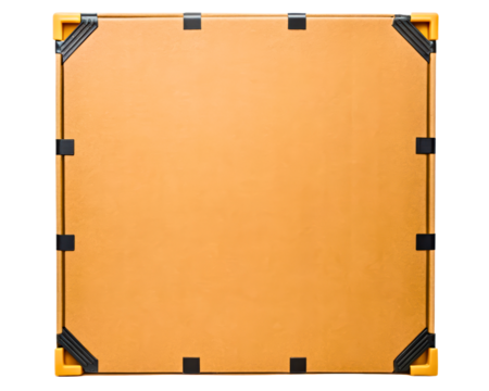 Yellow industrial panel with black plastic corner protectors on a transparent background