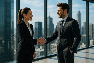 Power couple entrepreneurs shaking hands in modern glass office with city skyline view