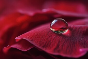 Dewdrop on a crimson rose petal