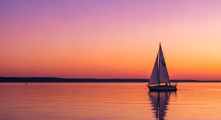 Sailboat gently gliding on tranquil orange sea at dusk with a vivid pink and purple sky.