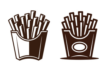 French Fries Icon Set, Monochrome Vector of Fried Potato Snack in Box On White Background

