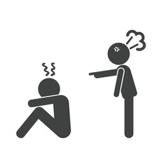 Black silhouette of an angry boss pointing and yelling at an employee sitting with his head bowed in stress, symbolizing a toxic work environment, pressure and conflict in the workplace.