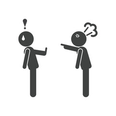 Black silhouette of angry boss yelling at shocked employee and explaining, symbolizing toxic work environment, pressure and conflict in the workplace. Vector illustration EPS 10.