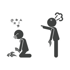 Black silhouette of angry boss shouting at stressed employees symbolizing toxic work environment pressure and workplace conflict. Vector illustration EPS 10.