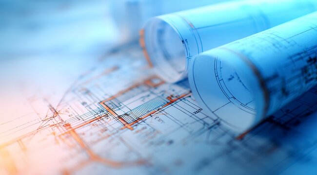 Blueprint Dreams: A detailed architectural design showcasing intricate room layouts and plumbing plans in warm, sunlit tones.	