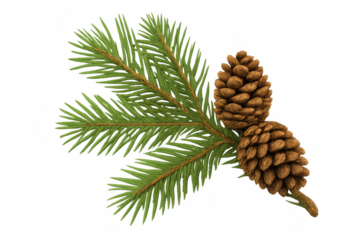 Realistic 3d rendering of a fir tree branch with two pine cones, isolated on transparent background