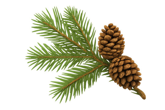 Realistic 3d rendering of a fir tree branch with two pine cones, isolated on transparent background