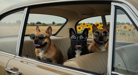 太陽輝く日差しの中、クールなサングラスかけた犬3匹がレトロな車でドライブ
