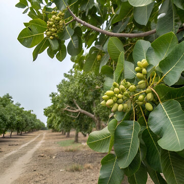 Close-up of a pistachio tree branch with clusters of green.