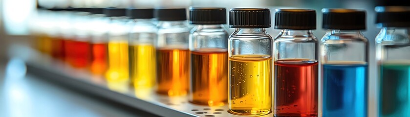A row of test tubes containing colorful chemical solutions, ready for scientific experiments in a bright laboratory setting