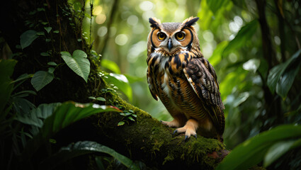 Captivating Owl Portrait in Lush Rainforest Setting A Detailed Study of Wildlife in Natural Environment with Mossy Branch and Vibrant Green Foliage in Tropical Forest