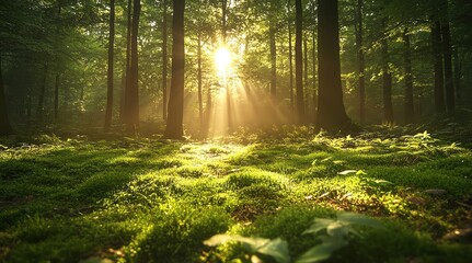 A Serene green forest scene with sunlight filtering through fresh foliage, symbolizing tranquility and nature