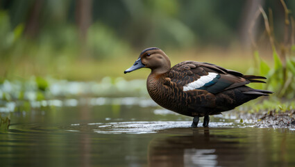 Fototapeta premium A Brown Whistling Duck Standing in Shallow Water, Displaying its Detailed Feathers and Calm Demeanor in a Natural Wetland Environment