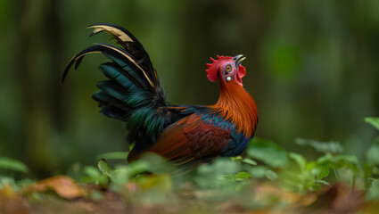 A Vibrant Male Red Junglefowl Displaying its Plumage in a Lush Green Forest Setting, Showcasing the Beauty of Wildlife and Nature in Southeast Asia's Tropical Environment