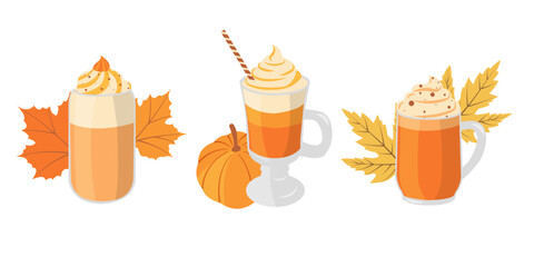 Seasonal fall motif vector set with glasses of pumpkin spice latte, leaves, waffle cones. Autumn illustration for social media graphics, menu for cafe