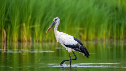 Naklejka premium A Graceful Asian Openbill Stork Wading Through Shallow Waters, Capturing the Elegance and Tranquility of Wetland Birdlife in a Serene Natural Setting