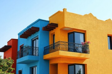Obraz premium Vibrant Stucco Minimalist Home with Wrought Iron Balconies.