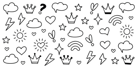Crowns hearts stars lightning clouds and sun lightning bolt