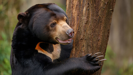 Sun Bear Climbing Tree Trunk in Forest, Showcasing the Adaptability of Wildlife in Natural Environment and the Beauty of Mammals in Tropical Ecosystems