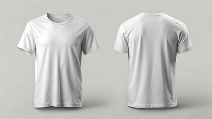 Front and back view of a plain white shortsleeved tshirt isolated on a light grey background