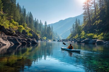 A person kayaking on a serene river, embracing adventure