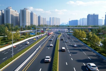 Obraz premium Urban highway crowded with vehicles under a clear blue sky in a modern cityscape