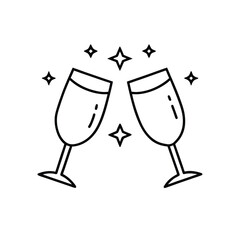 Clinking Champagne Glasses with Sparkles – Minimalist Black and White Celebration Vector Icon