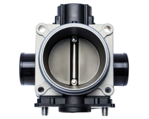Throttle body with valve and aluminum housing component on a transparent background
