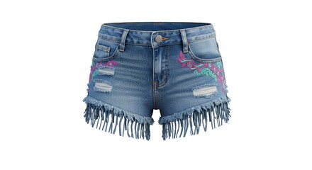 Light blue denim shorts with fringe and distressed details