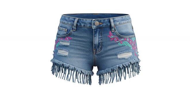 Light blue denim shorts with fringe and distressed details