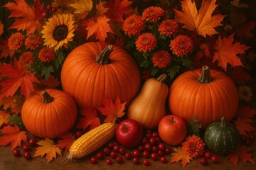 Abundant Thanksgiving harvest display featuring autumn pumpkins, seasonal fruits, and colorful fall foliage arrangement