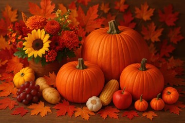 Abundant Thanksgiving harvest display featuring autumn pumpkins, seasonal fruits, and colorful fall foliage arrangement