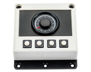 Industrial control panel with a rotary dial and push buttons on a transparent background
