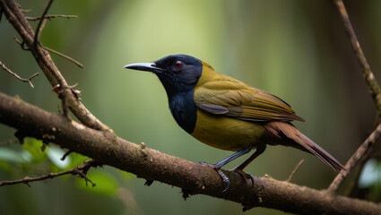 Fototapeta premium Elegant Green Sunbird Perched Gracefully on a Branch A Stunning Display of Avian Beauty Against a Softly Blurred Natural Background in Tropical Setting