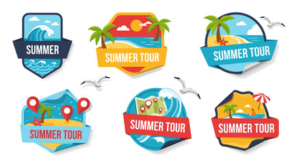 A vibrant collection of summer tour badges featuring tropical beach scenes, palm trees, waves, and seagulls, perfect for travel agencies and vacation promotions.