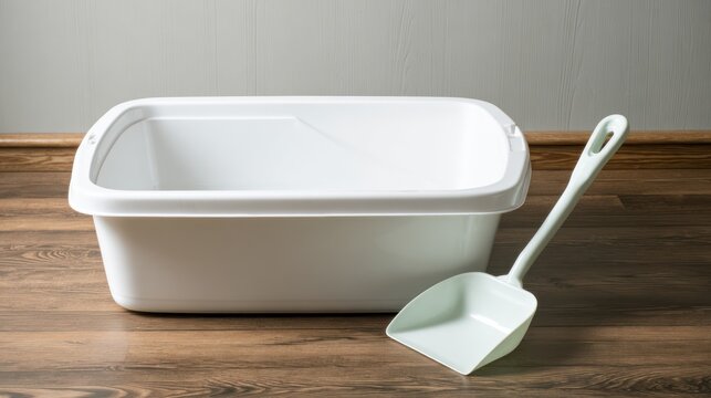 White plastic litter box with light green scoop