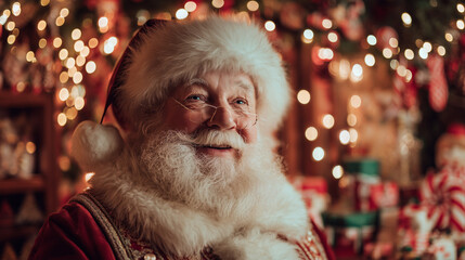 Santa Claus smiling with festive Christmas decorations, warm lights, and joyful atmosphere. Perfect for holiday themes, celebration, and seasonal greeting visuals.