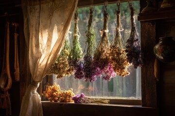 Herbal flowers drying in a sunlit windowsill