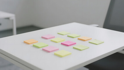 Colorful sticky notes arranged on a white table in a minimalist room