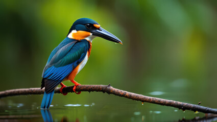A Vibrant Kingfisher Perched on a Branch Above Water A Study in Avian Beauty and Natural Serenity Showcasing the Bird's Striking Plumage and Aquatic Environment