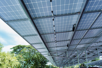 Solar panel roof structure installed over parking lot for clean energy solution