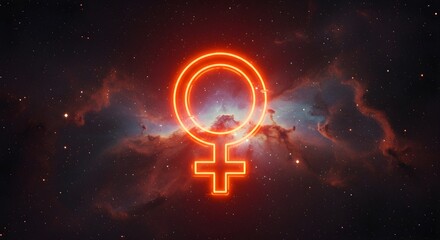 Mercury retrograde symbol glowing in neon against a glitchy space background

