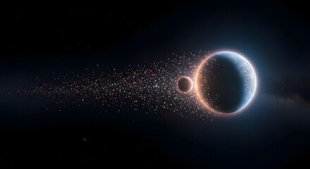 Fototapeta premium glowing Mercury planet reversing through deep space with a trail of digital symbols 