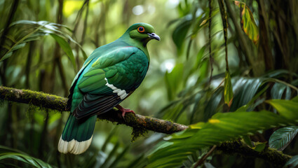 Obraz premium Emerald Dove Perched on Mossy Branch in Tropical Rainforest A Study of Avian Beauty and Natural Harmony in Southeast Asia's Lush Ecosystem