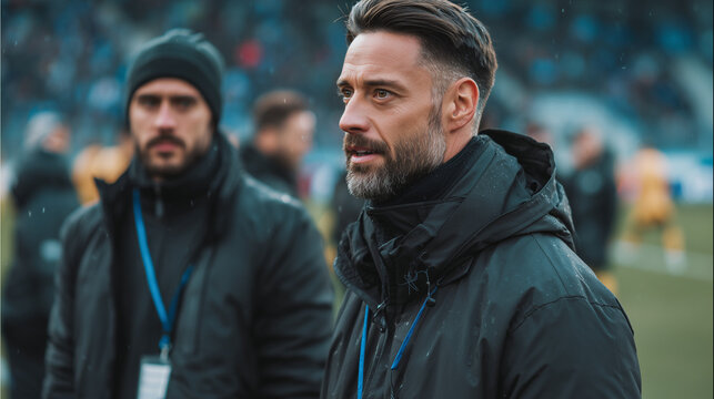 Soccer club coach and assistant standing together on the field. Team leadership, strategy, and collaboration in action, perfect for sports training, management, and teamwork themes.