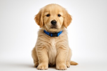 Obraz premium Cheerful golden retriever puppy with bright blue collar sitting perfectly against pristine white studio backdrop with soft rim lighting