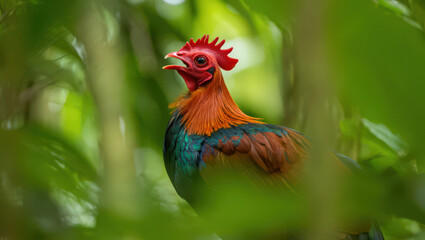 A Vibrant Red Junglefowl Crowing Amidst Lush Greenery Showcases the Beauty and Wildness of Nature's Chorus in a Tropical Setting with Vivid Colors