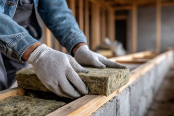 A construction worker with gloved hands placing insulation material in wooden framework