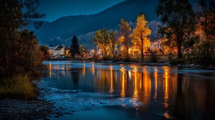 Serene River Reflecting Warm Village Lights Under A Twilight Sky